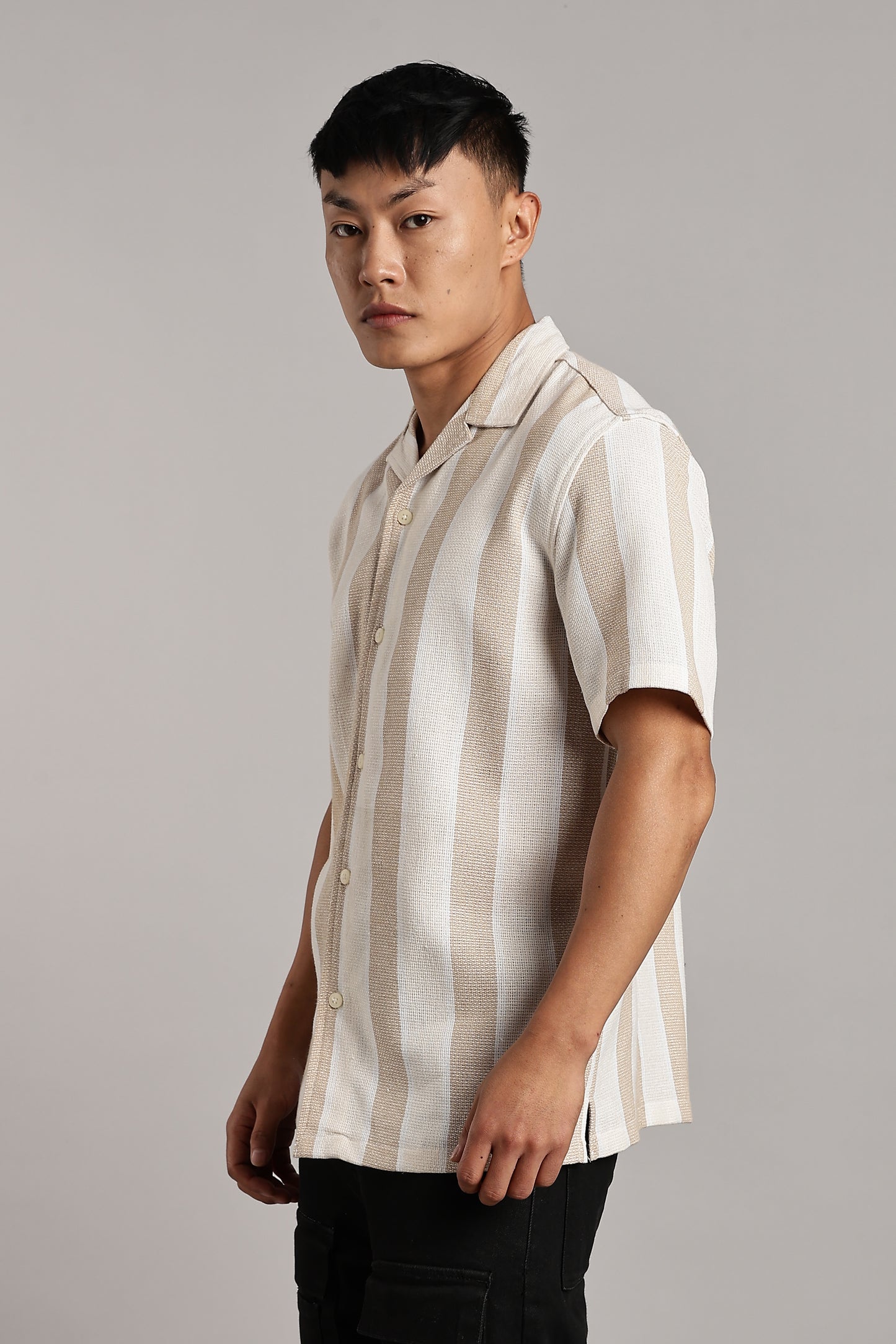 Beige & White Vertical Stripe Cuban Shirt