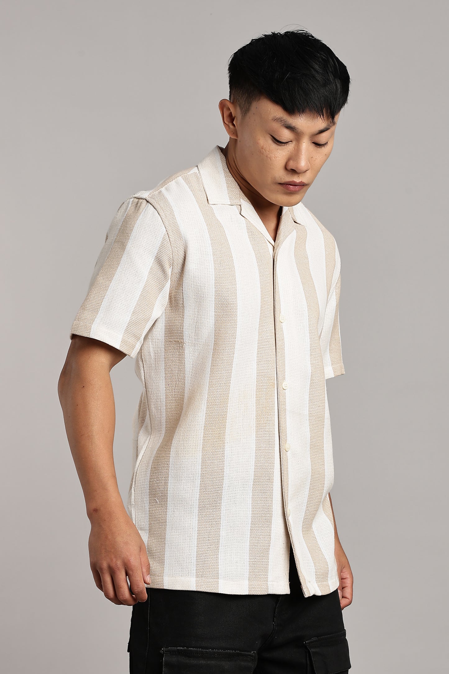Beige & White Vertical Stripe Cuban Shirt