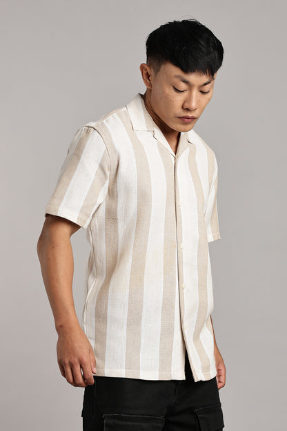 Beige & White Vertical Stripe Cuban Shirt
