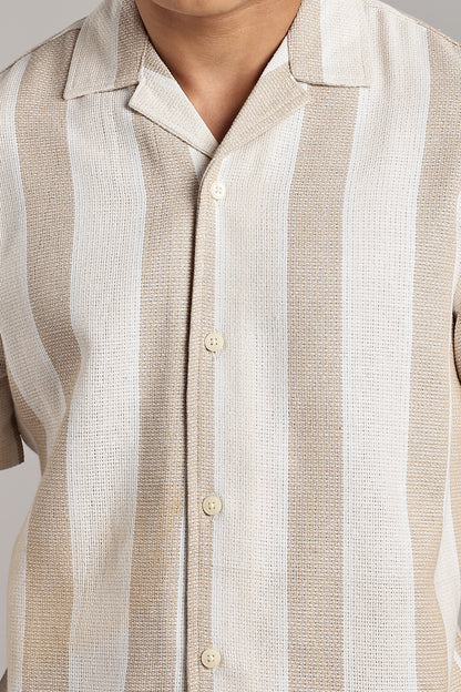 Beige & White Vertical Stripe Cuban Shirt