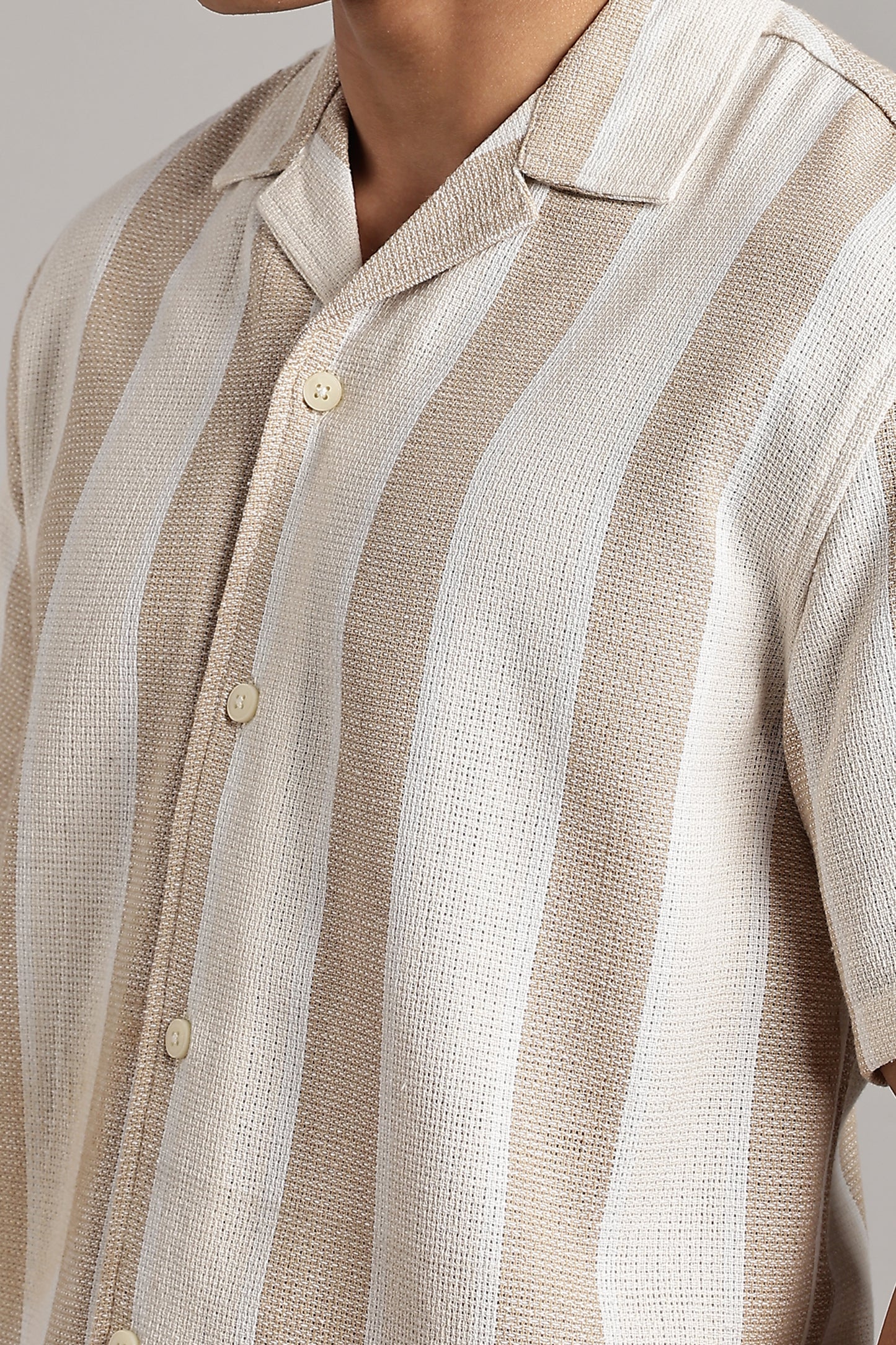 Beige & White Vertical Stripe Cuban Shirt