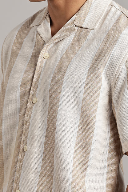 Beige & White Vertical Stripe Cuban Shirt