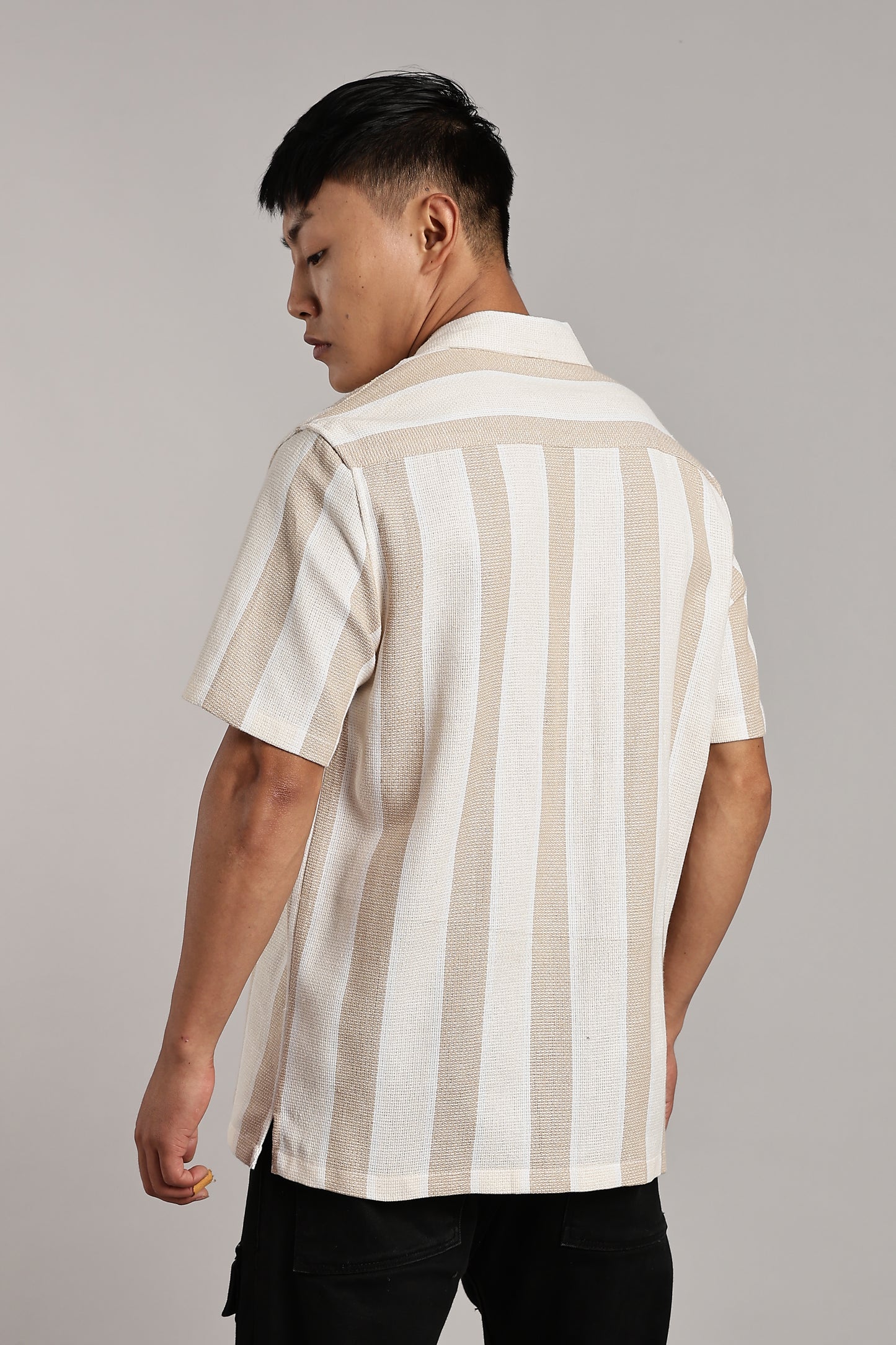 Beige & White Vertical Stripe Cuban Shirt