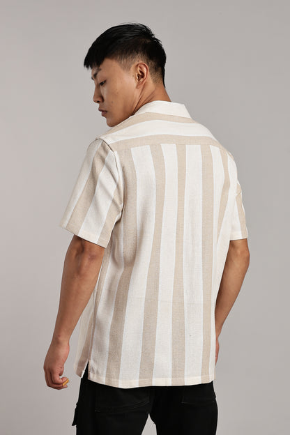 Beige & White Vertical Stripe Cuban Shirt
