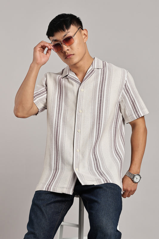 Beige & Purple Stripe Cuban Short Sleeve Shirt