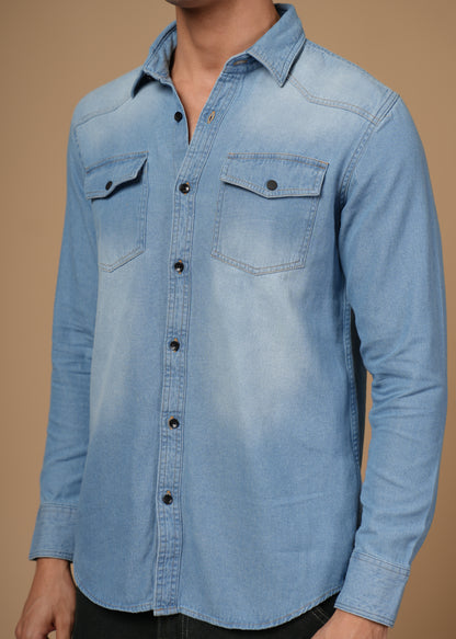 Men’s Slim Fit Light Blue Denim Shirt | Modern Casual Look | Flap Pockets & Black Buttons