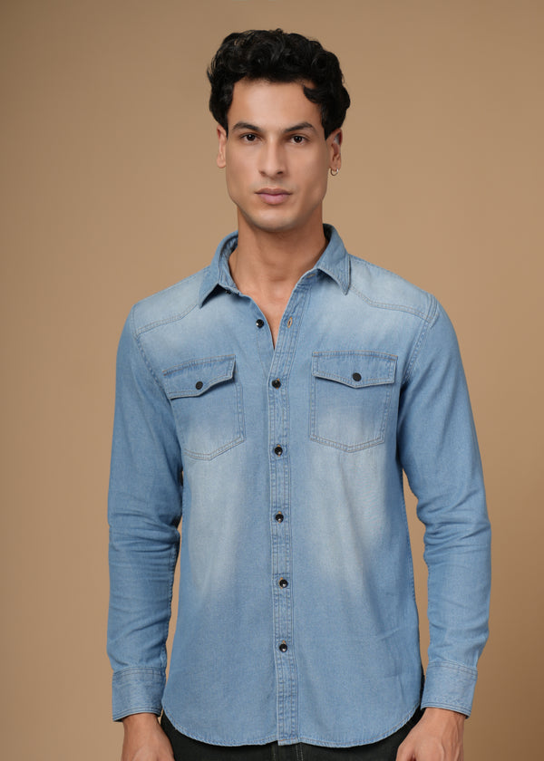 Men’s Slim Fit Light Blue Denim Shirt | Modern Casual Look | Flap Pockets & Black Buttons