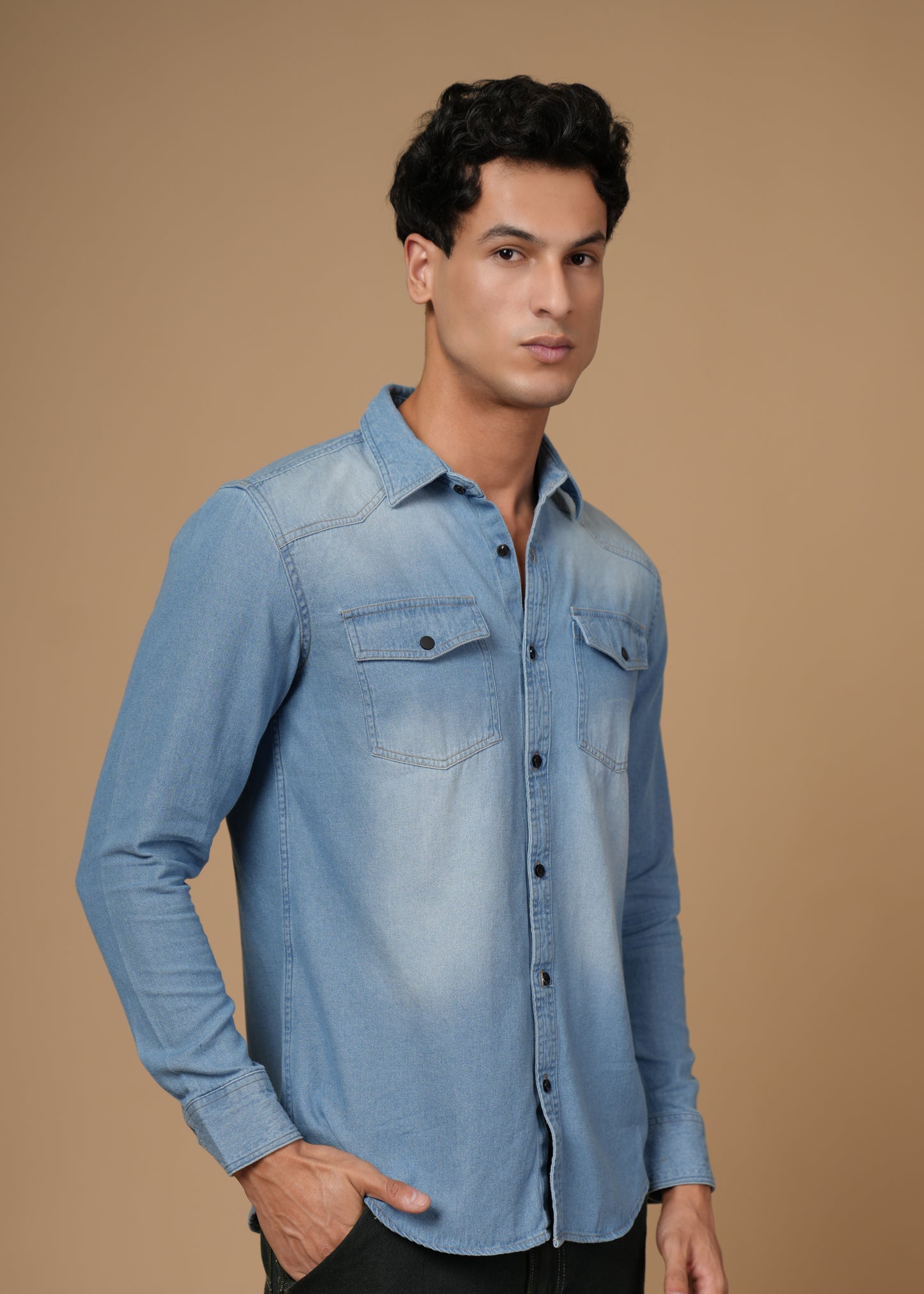 Men’s Slim Fit Light Blue Denim Shirt | Modern Casual Look | Flap Pockets & Black Buttons