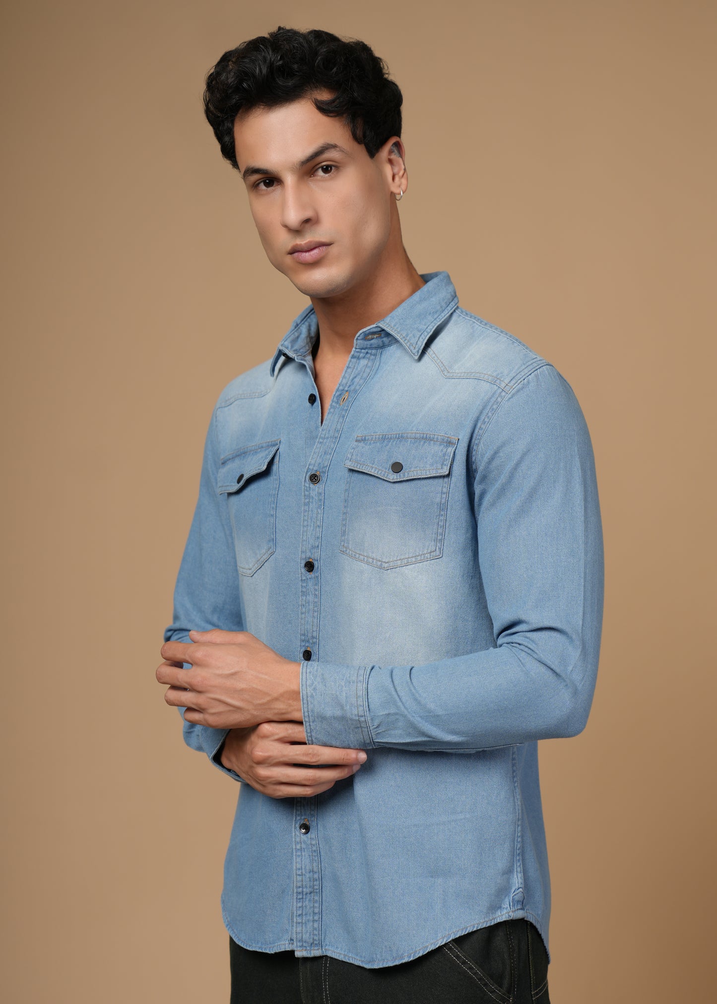Men’s Slim Fit Light Blue Denim Shirt | Modern Casual Look | Flap Pockets & Black Buttons