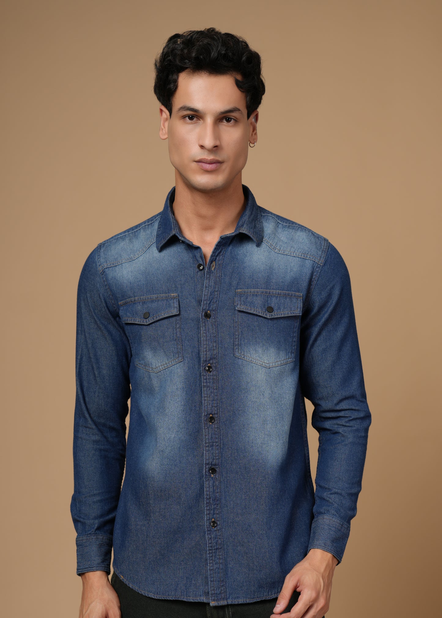 Men’s Slim Fit Dark Blue Denim Shirt | Modern Washed Look | Full Sleeve, Flap Pocket