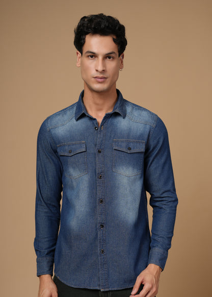 Men’s Slim Fit Dark Blue Denim Shirt | Modern Washed Look | Full Sleeve, Flap Pocket