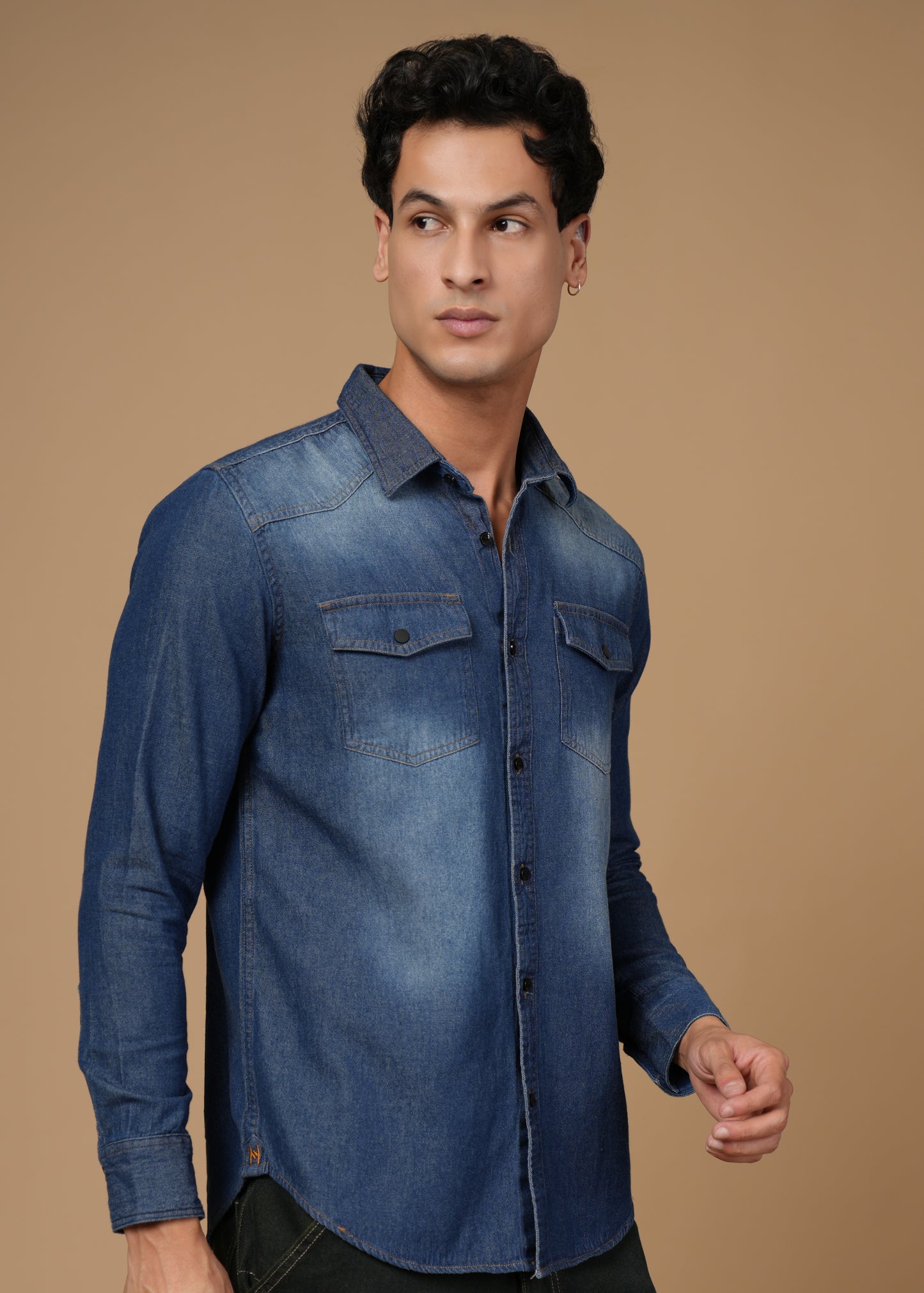 Men’s Slim Fit Dark Blue Denim Shirt | Modern Washed Look | Full Sleeve, Flap Pocket