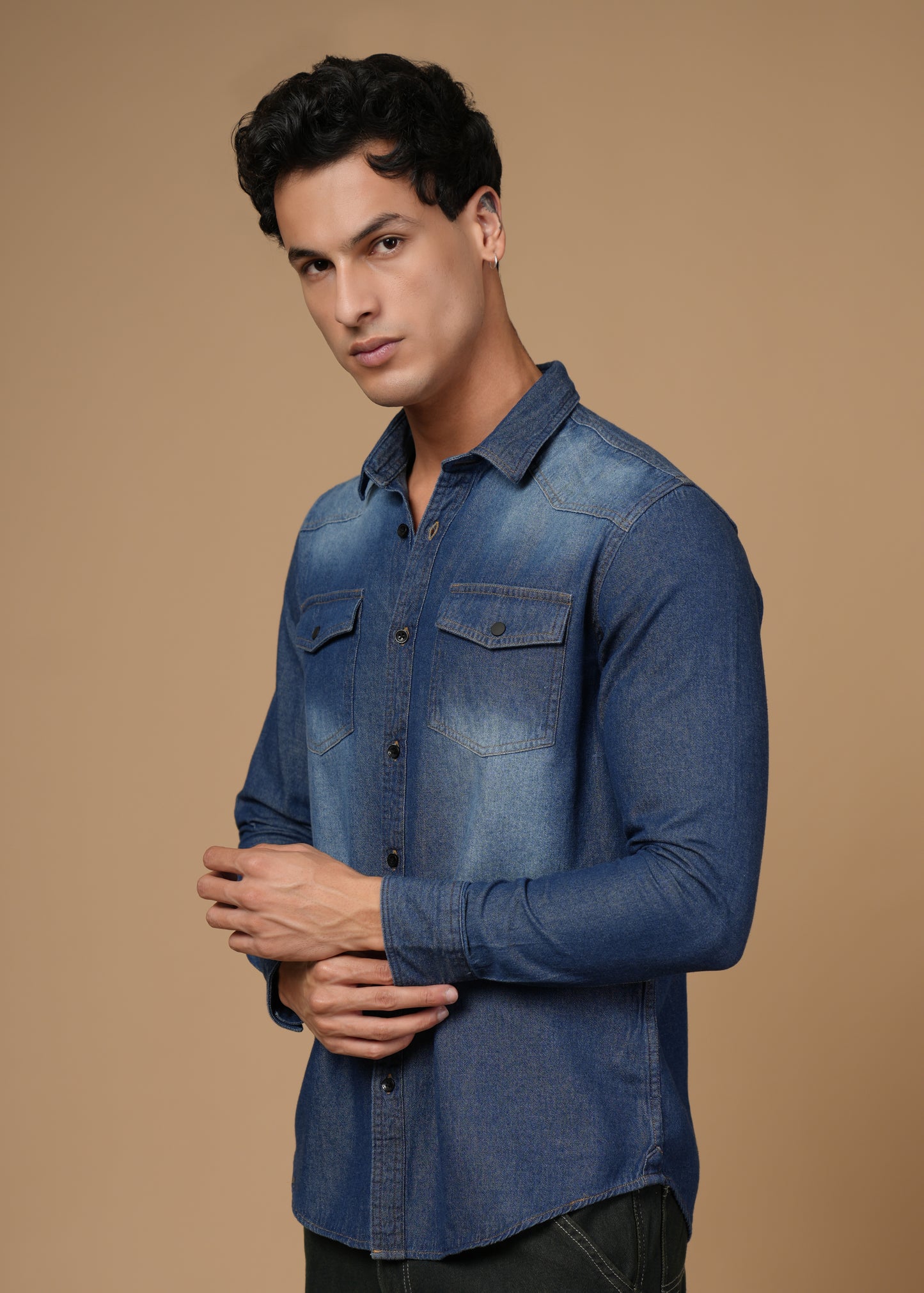 Men’s Slim Fit Dark Blue Denim Shirt | Modern Washed Look | Full Sleeve, Flap Pocket