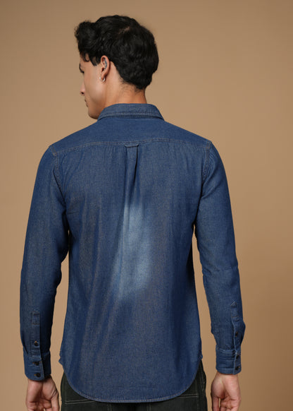 Men’s Slim Fit Dark Blue Denim Shirt | Modern Washed Look | Full Sleeve, Flap Pocket