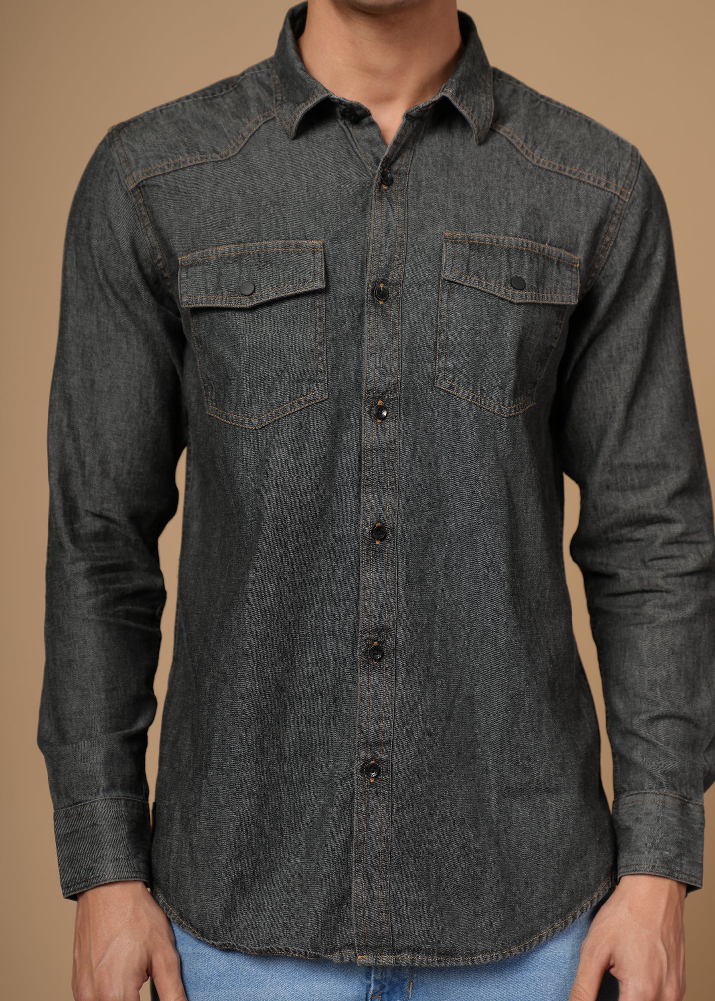 Men’s Slim Fit Dark Grey Cotton Denim Shirt | Modern Washed Look | Versatile Full Sleeve