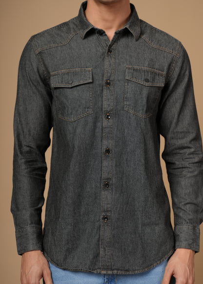 Men’s Slim Fit Dark Grey Cotton Denim Shirt | Modern Washed Look | Versatile Full Sleeve
