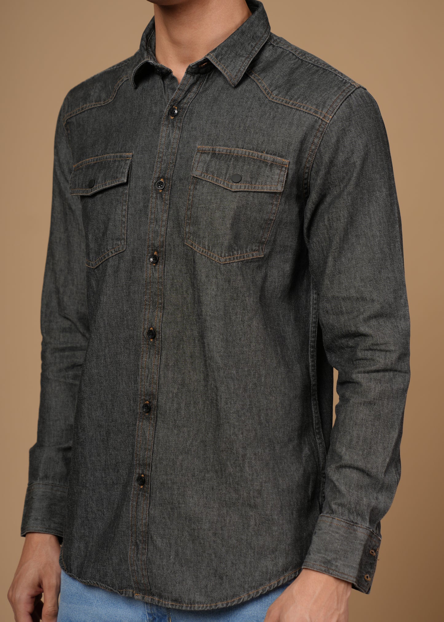 Men’s Slim Fit Dark Grey Cotton Denim Shirt | Modern Washed Look | Versatile Full Sleeve