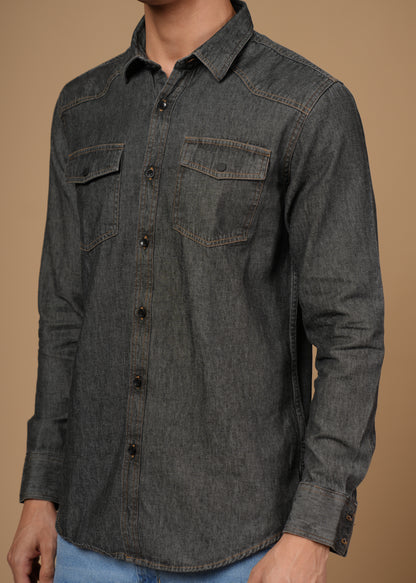 Men’s Slim Fit Dark Grey Cotton Denim Shirt | Modern Washed Look | Versatile Full Sleeve