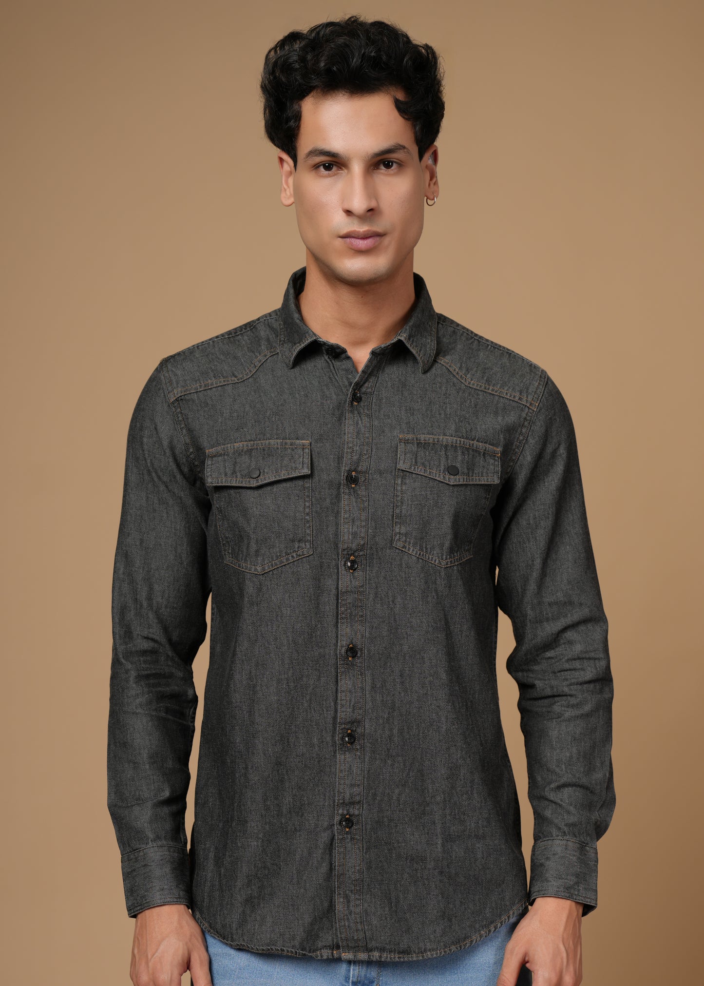 Men’s Slim Fit Dark Grey Cotton Denim Shirt | Modern Washed Look | Versatile Full Sleeve