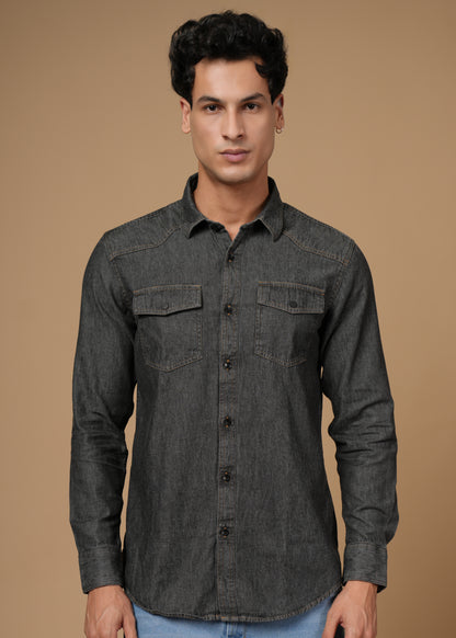 Men’s Slim Fit Dark Grey Cotton Denim Shirt | Modern Washed Look | Versatile Full Sleeve