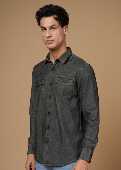 Men’s Slim Fit Dark Grey Cotton Denim Shirt | Modern Washed Look | Versatile Full Sleeve