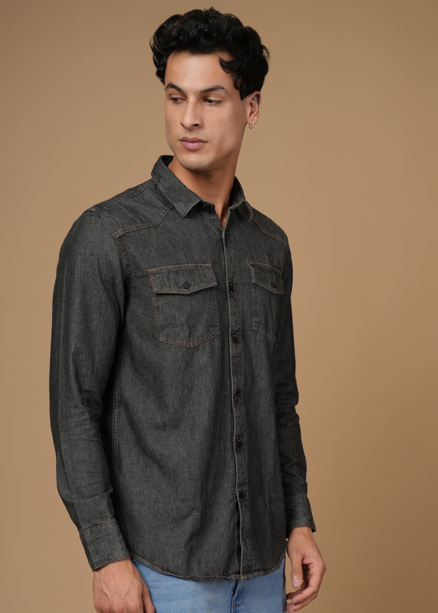 Men’s Slim Fit Dark Grey Cotton Denim Shirt | Modern Washed Look | Versatile Full Sleeve
