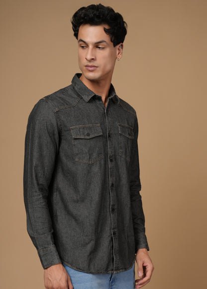 Men’s Slim Fit Dark Grey Cotton Denim Shirt | Modern Washed Look | Versatile Full Sleeve