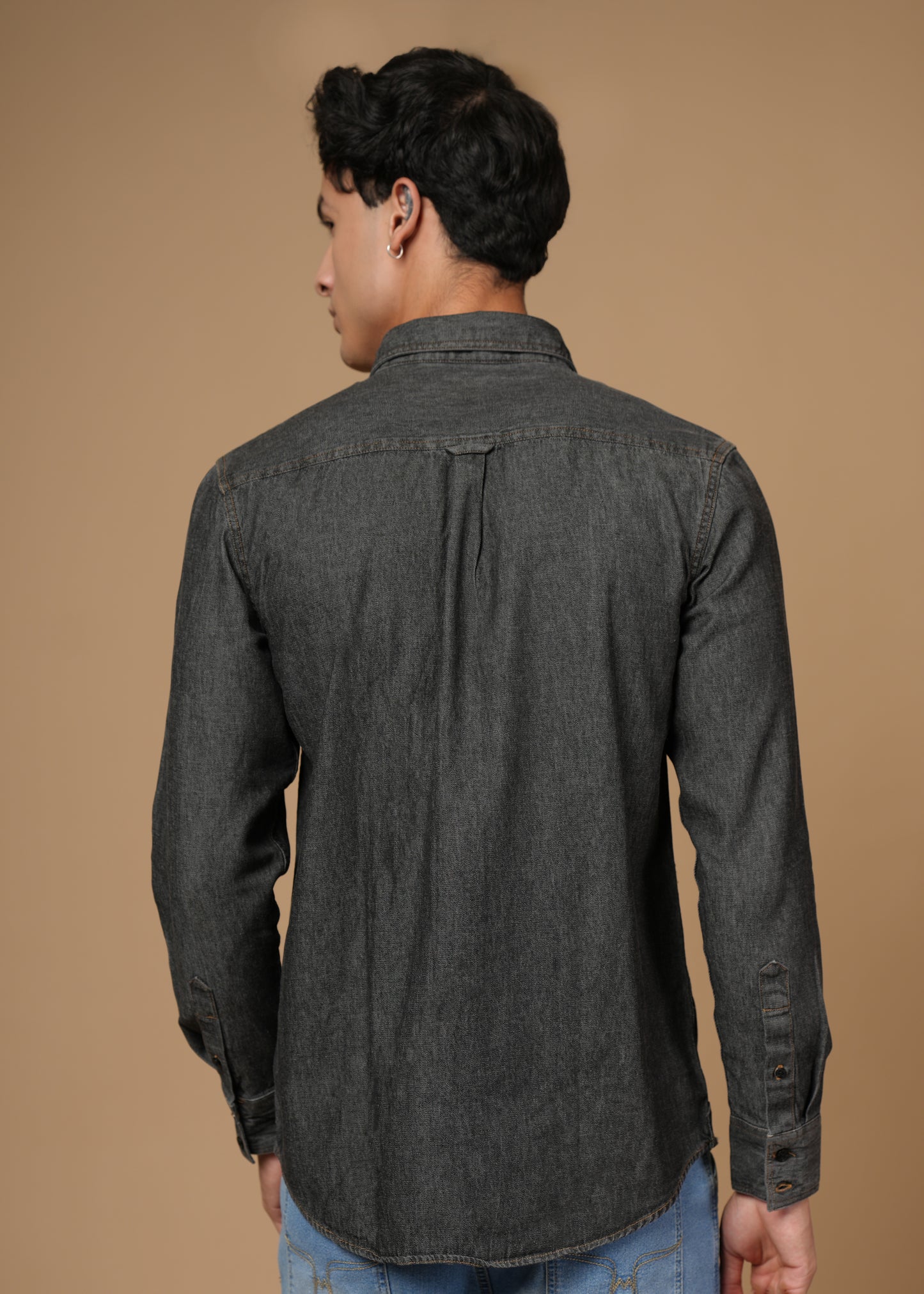 Men’s Slim Fit Dark Grey Cotton Denim Shirt | Modern Washed Look | Versatile Full Sleeve