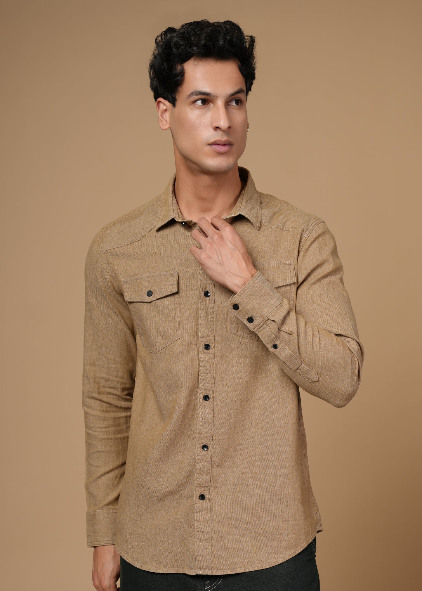 Men’s Slim Fit Beige Cotton Denim Shirt | Versatile Casual Essential | Full Sleeve