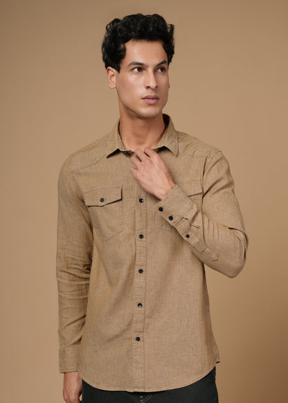 Men’s Slim Fit Beige Cotton Denim Shirt | Versatile Casual Essential | Full Sleeve