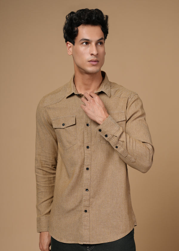 Men’s Slim Fit Beige Cotton Denim Shirt | Versatile Casual Essential | Full Sleeve