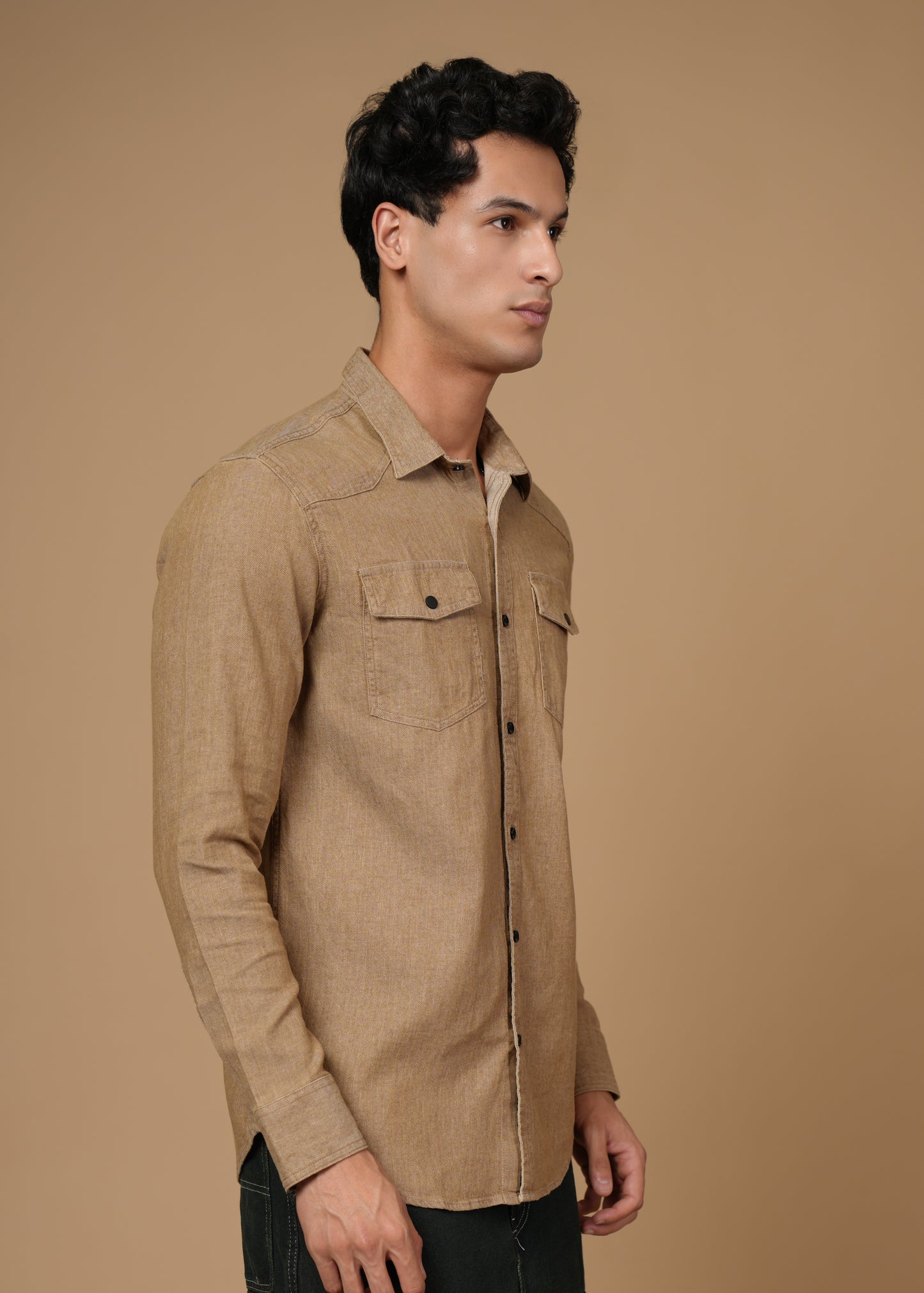 Men’s Slim Fit Beige Cotton Denim Shirt | Versatile Casual Essential | Full Sleeve