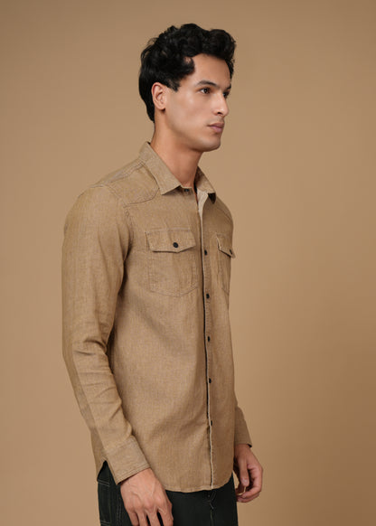 Men’s Slim Fit Beige Cotton Denim Shirt | Versatile Casual Essential | Full Sleeve