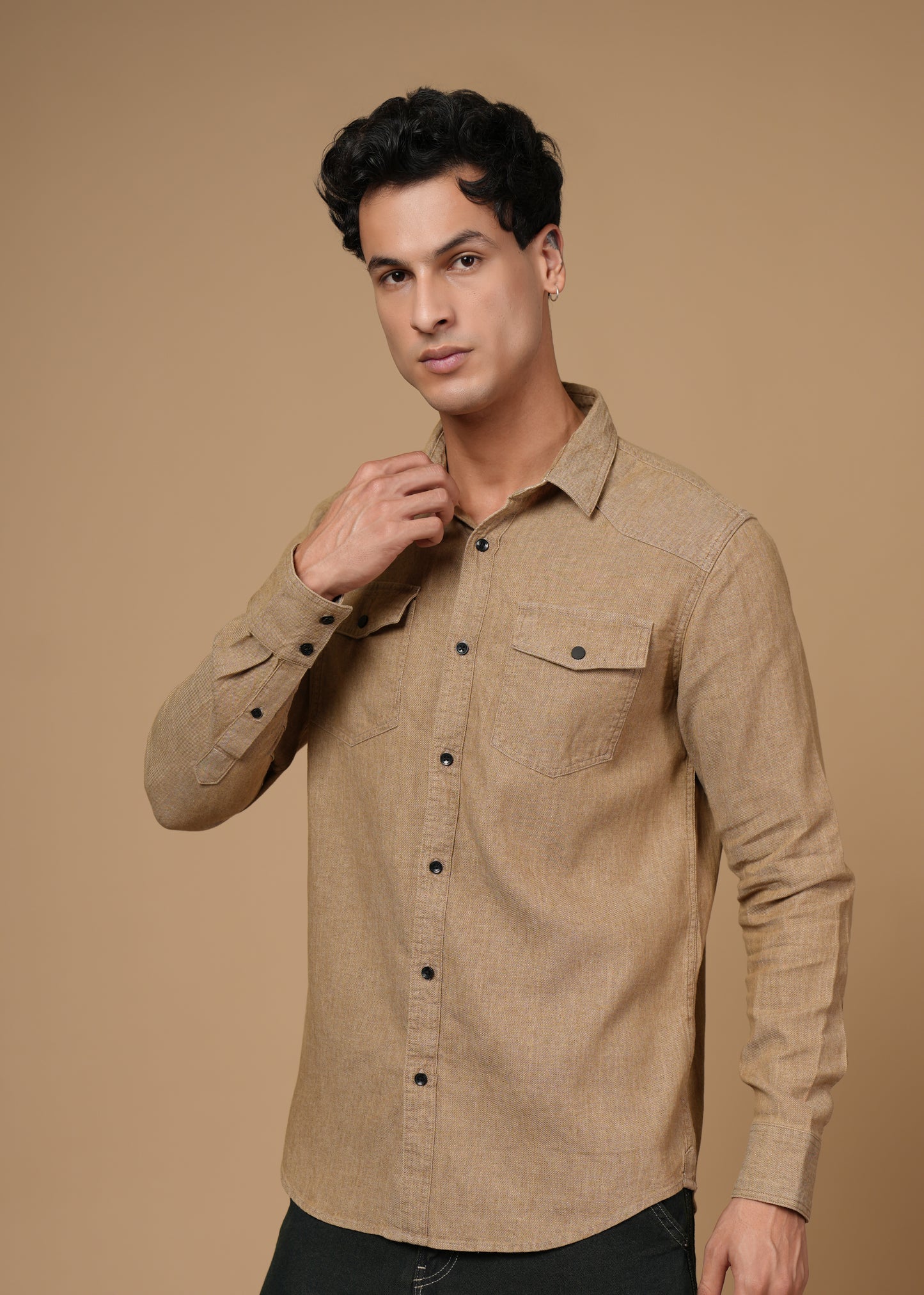 Men’s Slim Fit Beige Cotton Denim Shirt | Versatile Casual Essential | Full Sleeve