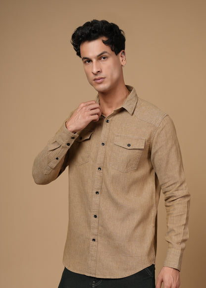 Men’s Slim Fit Beige Cotton Denim Shirt | Versatile Casual Essential | Full Sleeve