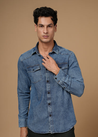 Men’s Slim Fit Denim Shirt – Mid Blue Stonewashed | Dual Flap Pockets | Casual Essential