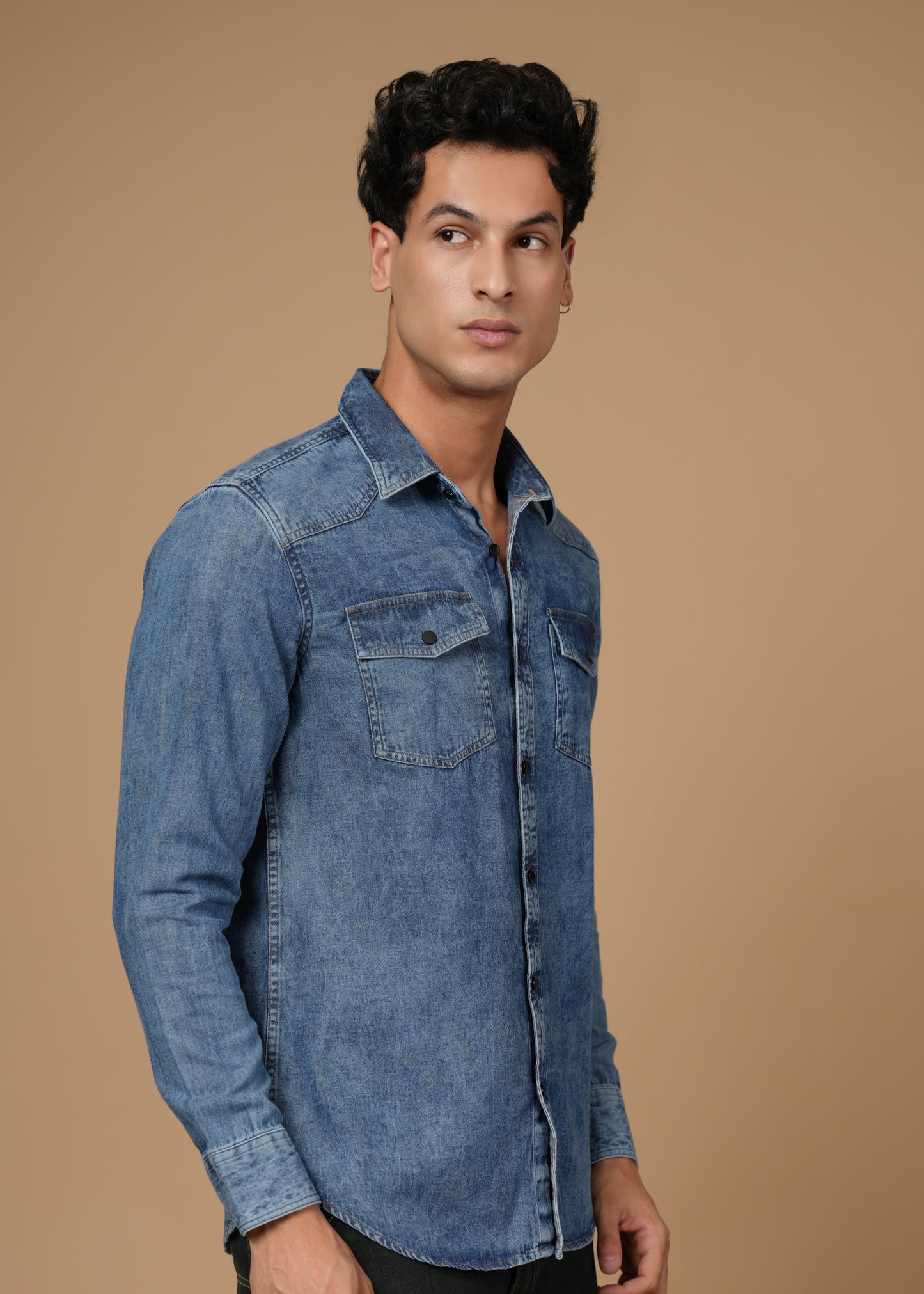 Men’s Slim Fit Denim Shirt – Mid Blue Stonewashed | Dual Flap Pockets | Casual Essential
