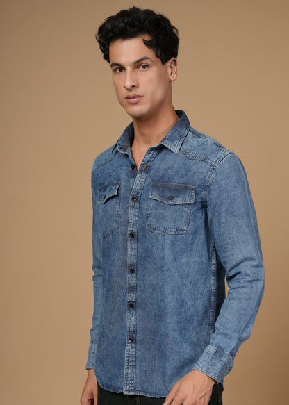 Men’s Slim Fit Denim Shirt – Mid Blue Stonewashed | Dual Flap Pockets | Casual Essential