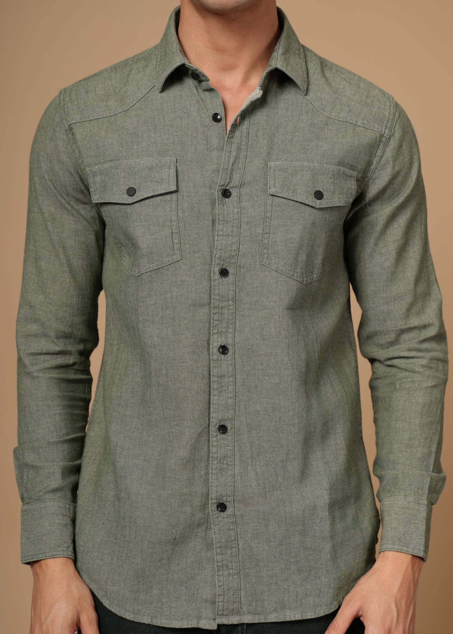 Men’s Premium Cotton Slim Fit Olive Green Denim Shirt | Versatile Modern Casual