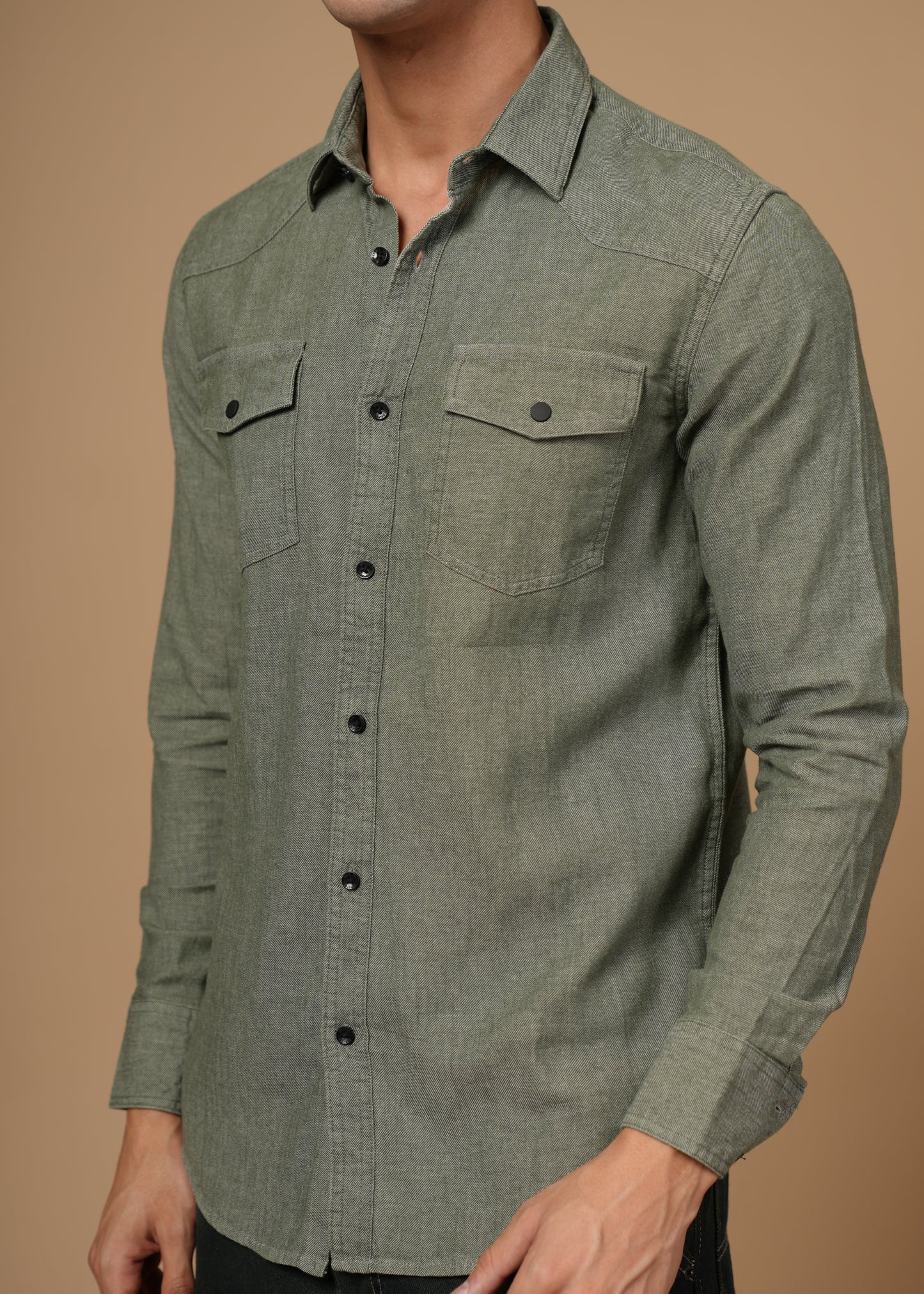 Men’s Premium Cotton Slim Fit Olive Green Denim Shirt | Versatile Modern Casual