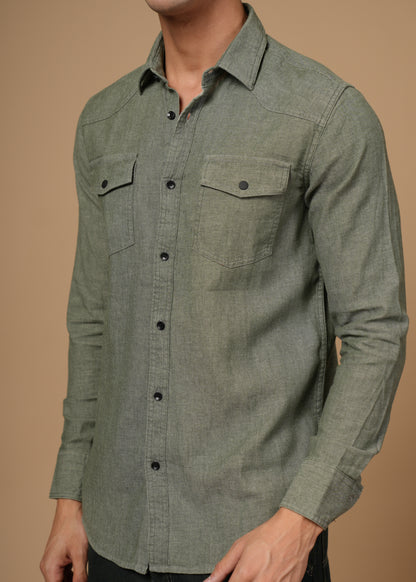 Men’s Premium Cotton Slim Fit Olive Green Denim Shirt | Versatile Modern Casual