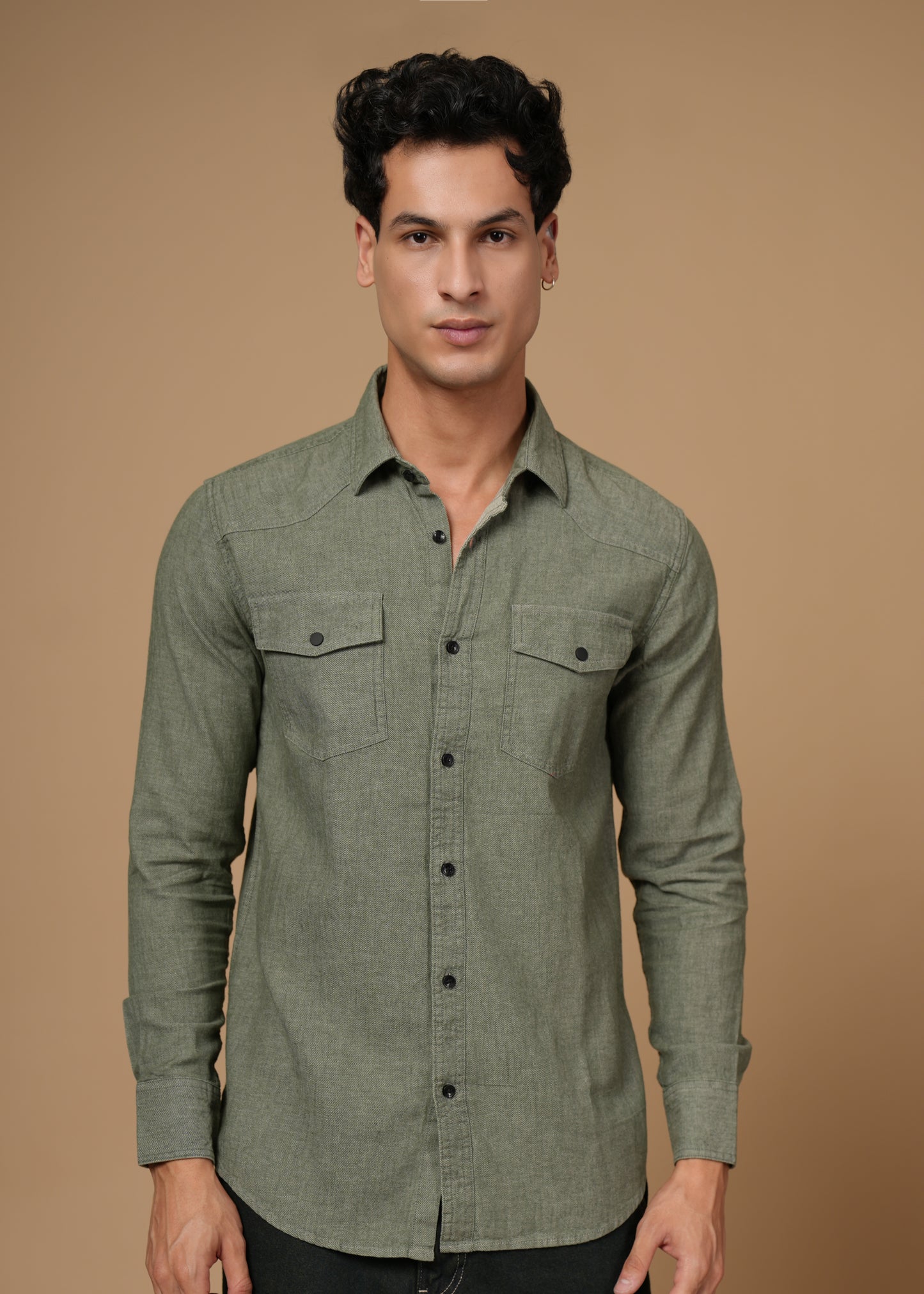 Men’s Premium Cotton Slim Fit Olive Green Denim Shirt | Versatile Modern Casual