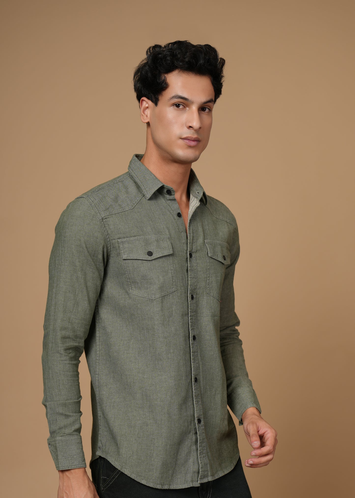 Men’s Premium Cotton Slim Fit Olive Green Denim Shirt | Versatile Modern Casual