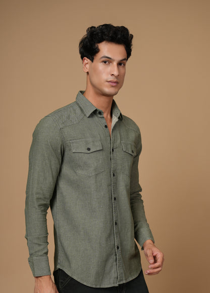 Men’s Premium Cotton Slim Fit Olive Green Denim Shirt | Versatile Modern Casual