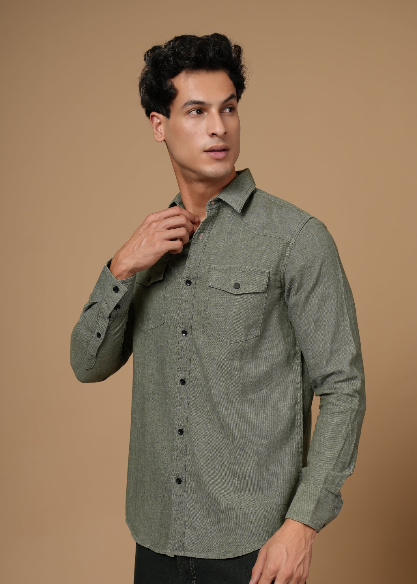 Men’s Premium Cotton Slim Fit Olive Green Denim Shirt | Versatile Modern Casual