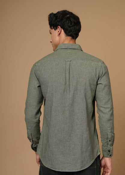 Men’s Premium Cotton Slim Fit Olive Green Denim Shirt | Versatile Modern Casual