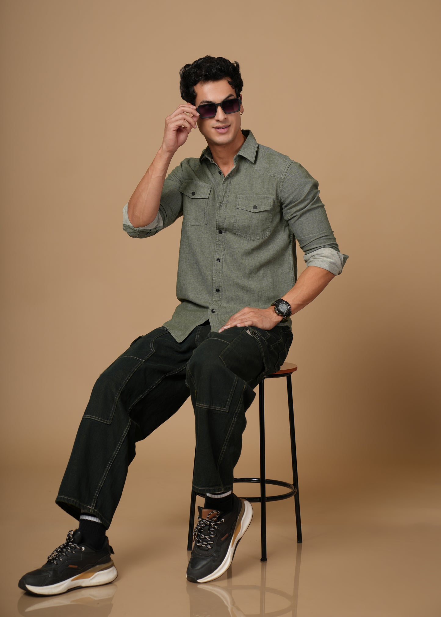 Men’s Premium Cotton Slim Fit Olive Green Denim Shirt | Versatile Modern Casual