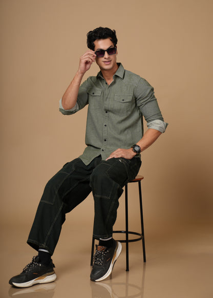 Men’s Premium Cotton Slim Fit Olive Green Denim Shirt | Versatile Modern Casual